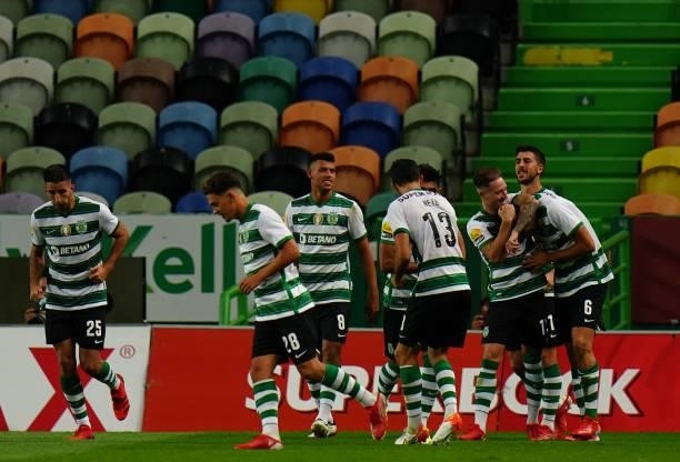 Joao Palhinha of Sporting CP celebrates with teammates after scoring a goal during the Liga Bwin match between Sporting CP and Belenenses SAD at...