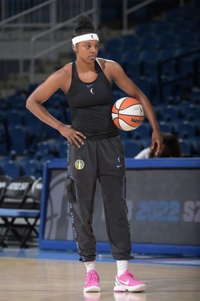 Diamond DeShields of the Chicago Sky looks on before the game against the Minnesota Lynx on August 21, 2021 at the Wintrust Arena in Chicago,...