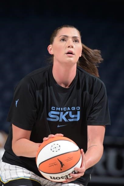 Stefanie Dolson of the Chicago Sky looks to shoot the ball before the game against the Minnesota Lynx on August 21, 2021 at the Wintrust Arena in...