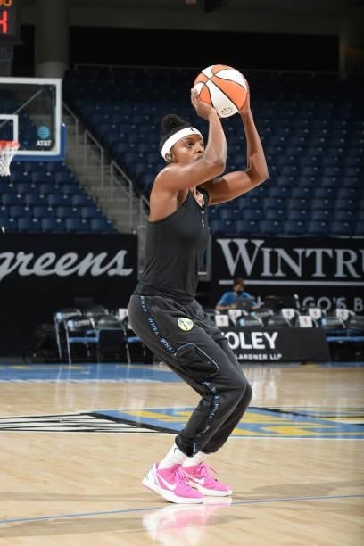 Diamond DeShields of the Chicago Sky shoots the ball before the game against the Minnesota Lynx on August 21, 2021 at the Wintrust Arena in Chicago,...