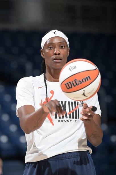 Sylvia Fowles of the Minnesota Lynx passes the ball before the game against the Chicago Sky on August 21, 2021 at the Wintrust Arena in Chicago,...