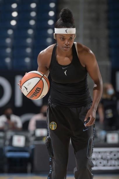 Diamond DeShields of the Chicago Sky handles the ball before the game against the Minnesota Lynx on August 21, 2021 at the Wintrust Arena in Chicago,...