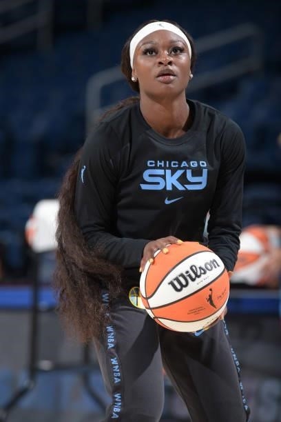 Dana Evans of the Chicago Sky looks to shoot the ball before the game against the Minnesota Lynx on August 21, 2021 at the Wintrust Arena in Chicago,...