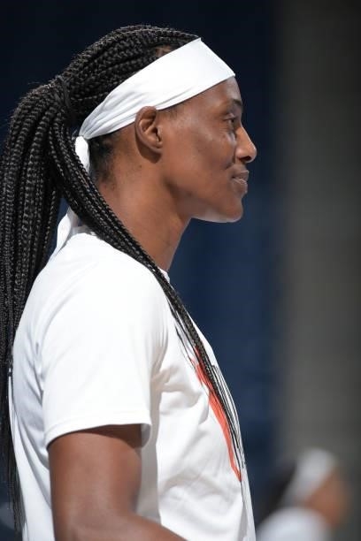 Close-up of Sylvia Fowles of the Minnesota Lynx before the game against the Chicago Sky on August 21, 2021 at the Wintrust Arena in Chicago,...