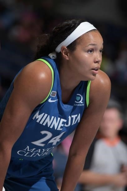 Napheesa Collier of the Minnesota Lynx looks on during the game against the Chicago Sky on August 21, 2021 at the Wintrust Arena in Chicago,...
