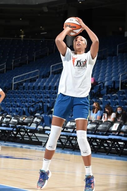Napheesa Collier of the Minnesota Lynx shoots the ball before the game against the Chicago Sky on August 21, 2021 at the Wintrust Arena in Chicago,...