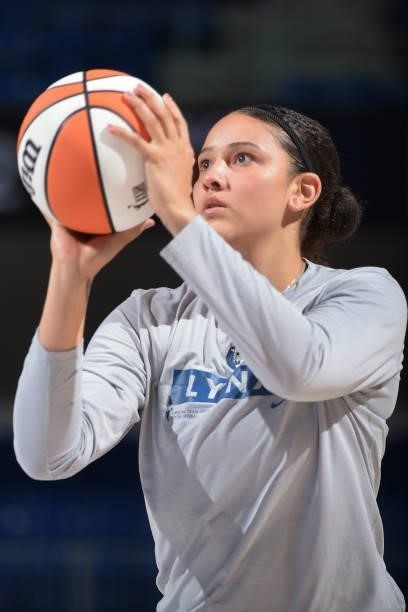 Natalie Achonwa of the Minnesota Lynx looks to shoot the ball before the game against the Chicago Sky on August 21, 2021 at the Wintrust Arena in...