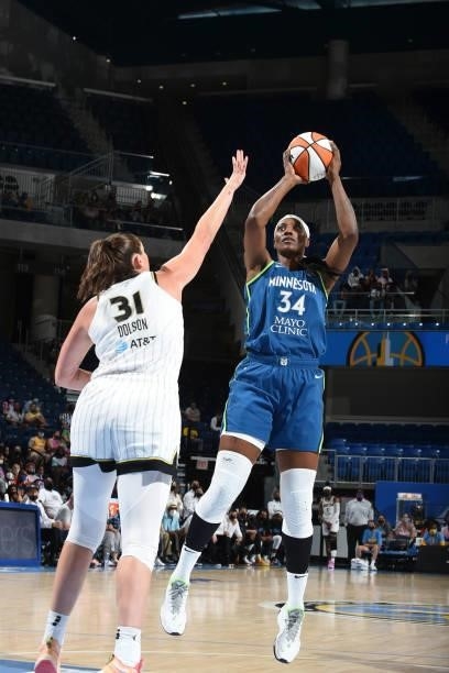 Sylvia Fowles of the Minnesota Lynx shoots the ball against the Chicago Sky on August 21, 2021 at the Wintrust Arena in Chicago, Illinois. NOTE TO...