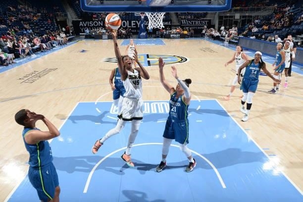 Astou Ndour-Fall of the Chicago Sky shoots the ball against the Minnesota Lynx on August 21, 2021 at the Wintrust Arena in Chicago, Illinois. NOTE TO...