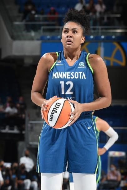 Damiris Dantas of the Minnesota Lynx shoots a free throw against the Chicago Sky on August 21, 2021 at the Wintrust Arena in Chicago, Illinois. NOTE...