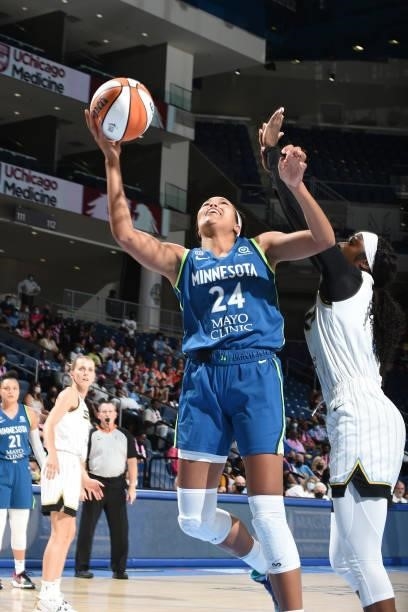Napheesa Collier of the Minnesota Lynx drives to the basket against the Chicago Sky on August 21, 2021 at the Wintrust Arena in Chicago, Illinois....