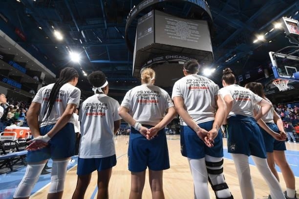 The Minnesota Lynx stand before the game against the Chicago Sky on August 21, 2021 at the Wintrust Arena in Chicago, Illinois. NOTE TO USER: User...