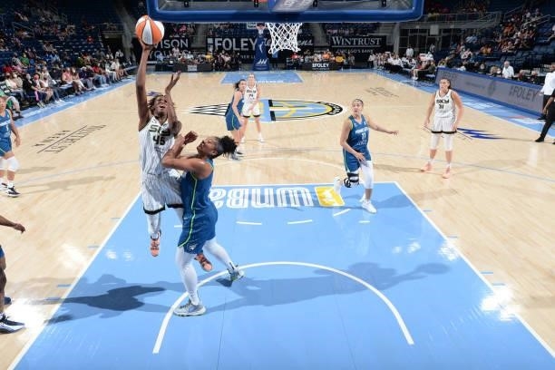 Astou Ndour-Fall of the Chicago Sky drives to the basket against the Minnesota Lynx on August 21, 2021 at the Wintrust Arena in Chicago, Illinois....