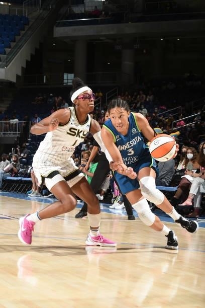 Diamond DeShields of the Chicago Sky plays defense on Aerial Powers of the Minnesota Lynx on August 21, 2021 at the Wintrust Arena in Chicago,...