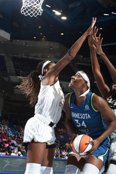Sylvia Fowles of the Minnesota Lynx drives to the basket against the Chicago Sky on August 21, 2021 at the Wintrust Arena in Chicago, Illinois. NOTE...