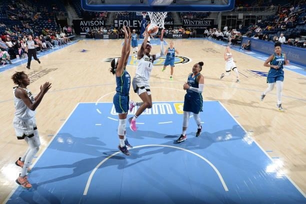 Diamond DeShields of the Chicago Sky drives to the basket against the Minnesota Lynx on August 21, 2021 at the Wintrust Arena in Chicago, Illinois....