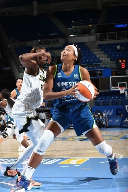 Napheesa Collier of the Minnesota Lynx drives to the basket against the Chicago Sky on August 21, 2021 at the Wintrust Arena in Chicago, Illinois....