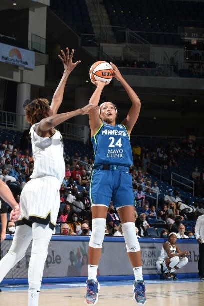 Napheesa Collier of the Minnesota Lynx shoots the ball against the Chicago Sky on August 21, 2021 at the Wintrust Arena in Chicago, Illinois. NOTE TO...