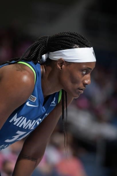 Sylvia Fowles of the Minnesota Lynx looks on during the game against the Chicago Sky on August 21, 2021 at the Wintrust Arena in Chicago, Illinois....