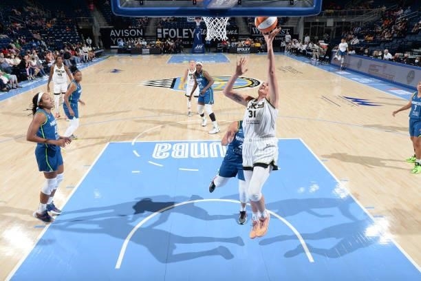 Stefanie Dolson of the Chicago Sky drives to the basket against the Minnesota Lynx on August 21, 2021 at the Wintrust Arena in Chicago, Illinois....