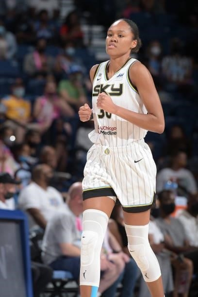 Azura Stevens of the Chicago Sky runs down the court during the game against the Minnesota Lynx on August 21, 2021 at the Wintrust Arena in Chicago,...