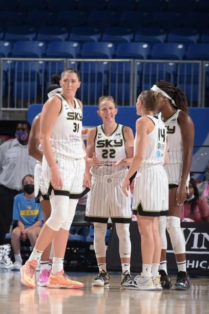 The Chicago Sky huddle up during the game against the Minnesota Lynx on August 21, 2021 at the Wintrust Arena in Chicago, Illinois. NOTE TO USER:...