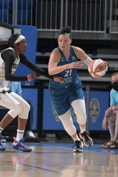 Kahleah Copper of the Chicago Sky plays defense on Kayla McBride of the Minnesota Lynx on August 21, 2021 at the Wintrust Arena in Chicago, Illinois....