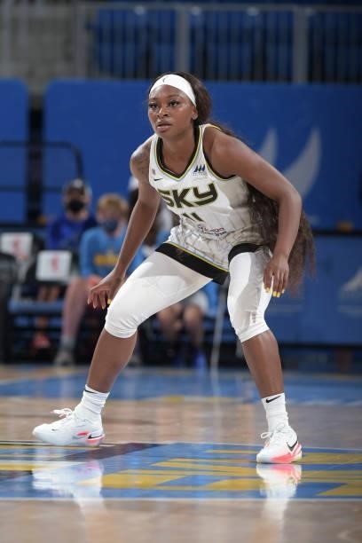 Dana Evans of the Chicago Sky plays defense against the Minnesota Lynx on August 21, 2021 at the Wintrust Arena in Chicago, Illinois. NOTE TO USER:...