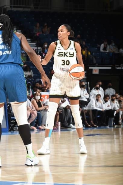 Azura Stevens of the Chicago Sky handles the ball during the game against the Minnesota Lynx on August 21, 2021 at the Wintrust Arena in Chicago,...