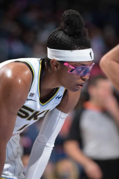 Diamond DeShields of the Chicago Sky looks on during the game against the Minnesota Lynx on August 21, 2021 at the Wintrust Arena in Chicago,...