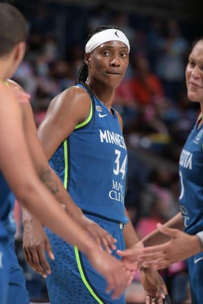 Sylvia Fowles of the Minnesota Lynx looks on during the game against the Chicago Sky on August 21, 2021 at the Wintrust Arena in Chicago, Illinois....