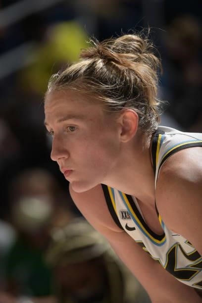 Close-up of Courtney Vandersloot of the Chicago Sky during the game against the Minnesota Lynx on August 21, 2021 at the Wintrust Arena in Chicago,...