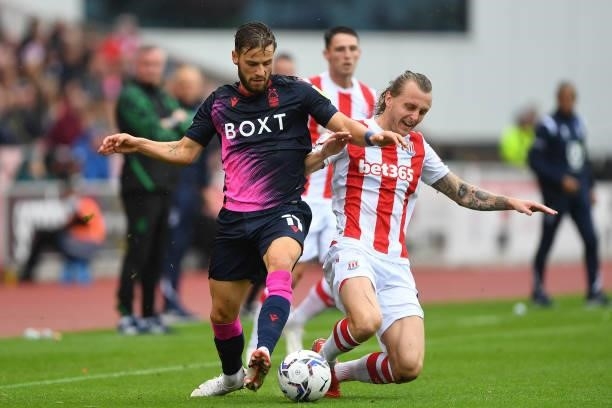 Philip Zinkernagel of Nottingham Forest battles with Ben Wilmot of Stoke City during the Sky Bet Championship match between Stoke City and Nottingham...