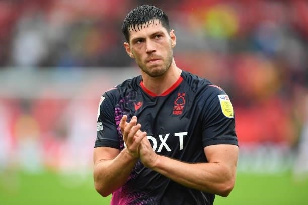 Scott McKenna of Nottingham Forest looking dejected after his sides 1-0 defeat during the Sky Bet Championship match between Stoke City and...