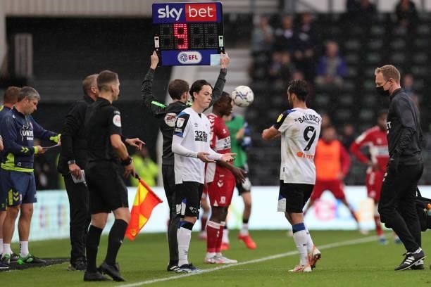 Sam Baldock of Derby County is substituted late in the game for Louie Watson of Derby County during the Sky Bet Championship match between Derby...