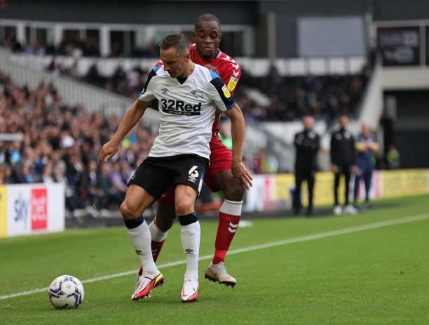 Phil Jagielka of Derby County shields the ball out of play during the Sky Bet Championship match between Derby County and Middlesbrough at Pride Park...