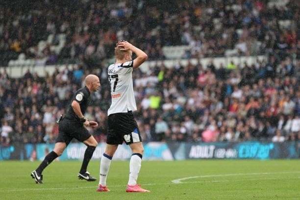 Louie Sibley of Derby County looks dejected in a game of missed chances during the Sky Bet Championship match between Derby County and Middlesbrough...