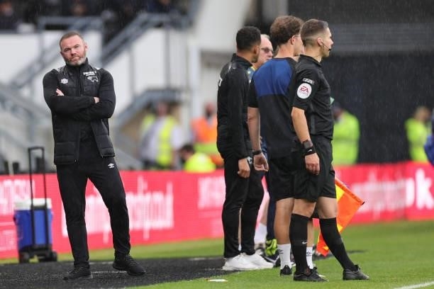 Manager of Derby County Wayne Rooney looks on during the Sky Bet Championship match between Derby County and Middlesbrough at Pride Park Stadium,...