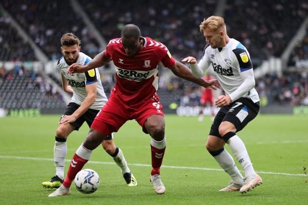 Uche Ikpeazu of Middlesbrough controls the ball during the Sky Bet Championship match between Derby County and Middlesbrough at Pride Park Stadium,...