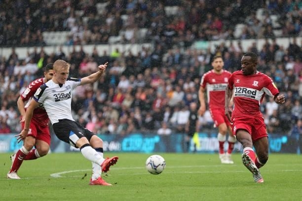 Louie Sibley of Derby County shoots at goal during the Sky Bet Championship match between Derby County and Middlesbrough at Pride Park Stadium,...