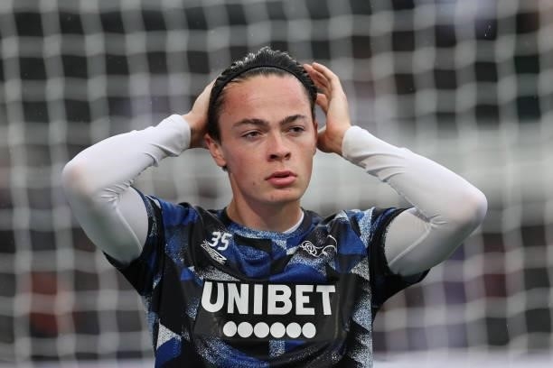 Louie Watson of Derby County in the warmup prior to the Sky Bet Championship match between Derby County and Middlesbrough at Pride Park Stadium,...