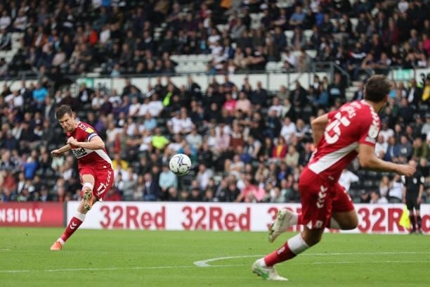 Paddy McNair of Middlesbrough shoots at goal during the Sky Bet Championship match between Derby County and Middlesbrough at Pride Park Stadium,...