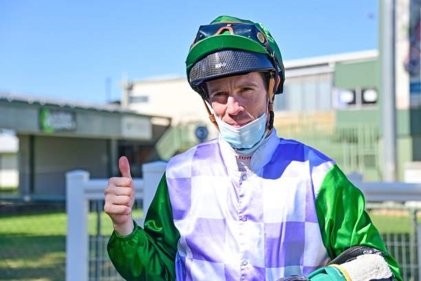 John Allen after winning the bet365 Top Tote Plus Maiden Plate at Swan Hill Racecourse on August 22, 2021 in Swan Hill, Australia.