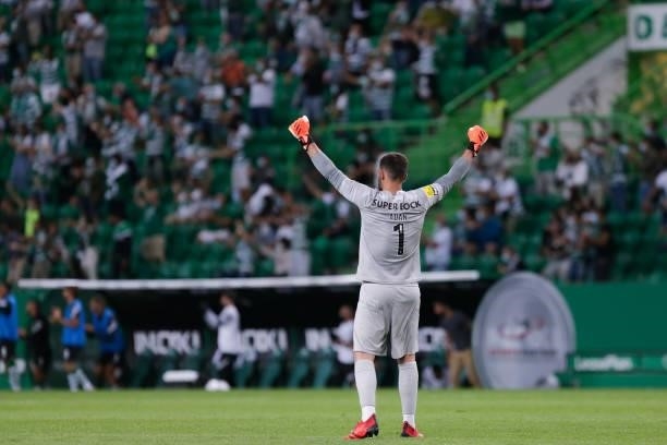 Adan goalkeeper of Sporting CP celebrates his team's first goal during the Liga Portugal Bwin match between Sporting CP and Belenenses SAD at Estadio...