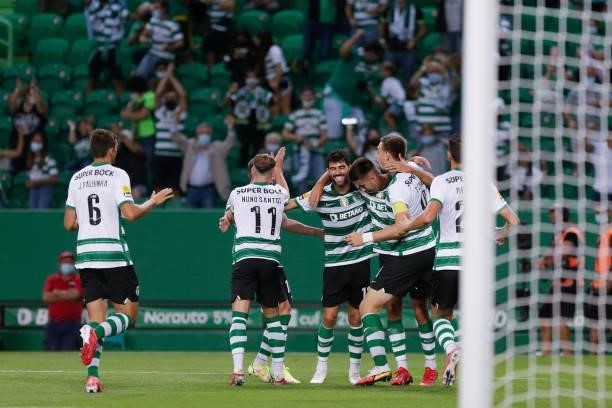 Goncalo Inacio of Sporting CP celebrates his team's first goal during the Liga Portugal Bwin match between Sporting CP and Belenenses SAD at Estadio...