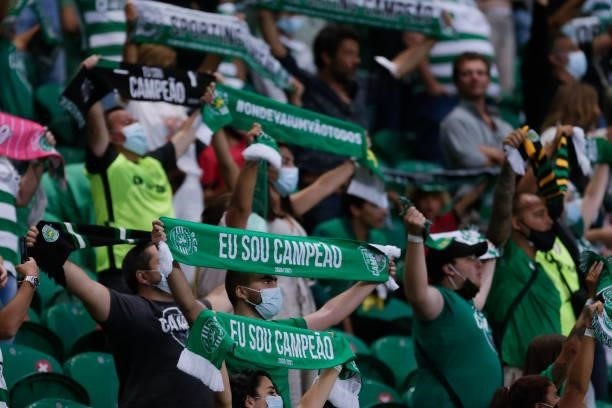 Supporters of Sporting CP during the Liga Portugal Bwin match between Sporting CP and Belenenses SAD at Estadio Jose Alvalade on 21th August, 2021 in...