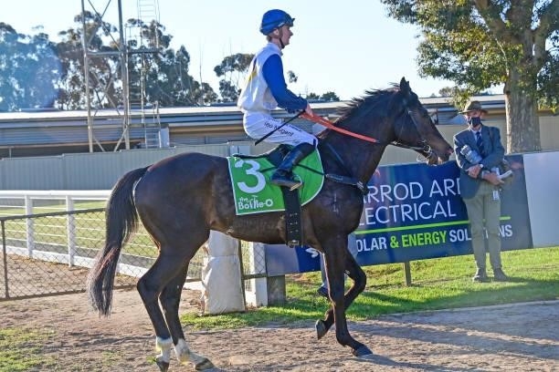 Dixie Built ridden by Teodore Nugent returns to the mounting yard after winning the The Bottle O Swan Hill 0 - 58 Handicap at Swan Hill Racecourse on...