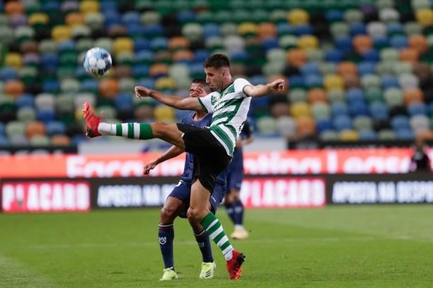 Goncalo Inacio of Sporting CP battle for the ball on during the Liga Portugal Bwin match between Sporting CP and Belenenses SAD at Estadio Jose...