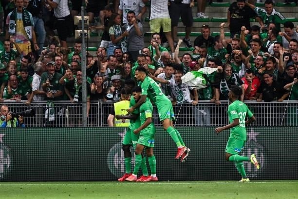 Saidou SOW of Saint Etienne celebrates his goal with team mates during the French Ligue 1 Uber Eats soccer match between Saint Etienne and Lille at...