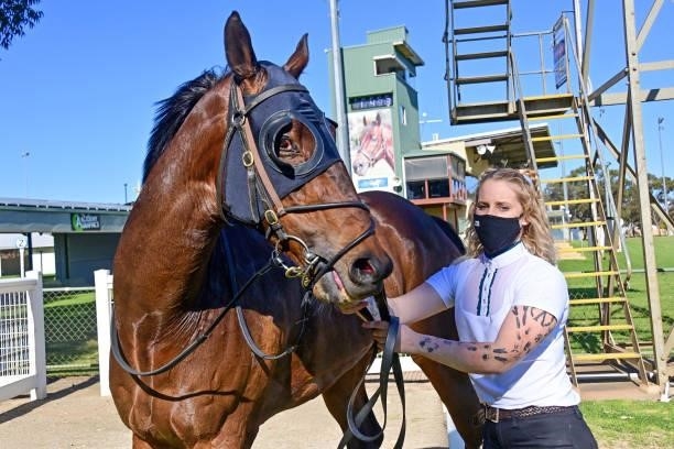 Rossman after winning the Hygain BM70 Handicap - Murray Mallee Sprint Series Heat 4 at Swan Hill Racecourse on August 22, 2021 in Swan Hill,...